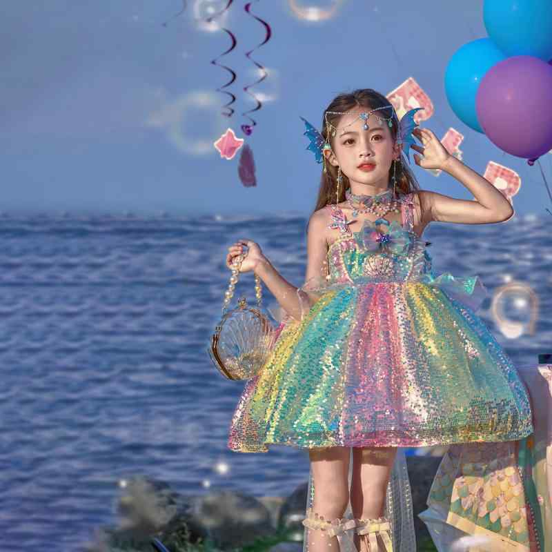 ワンピース 女の子 キッズ プリンセス ロリータ マーメイド キャミソール 誕生日 バースデー 発表会 パーティー 夏 ポリエステル 綿裏地 ミディ丈 かわいい