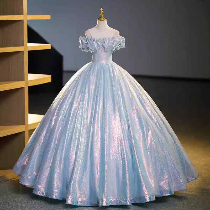 ドレス 女の子 キッズ 子供 プリンセス フォーマル お姫様 発表会 演奏会 結婚式 ウェディング 誕生日 パーティー セレモニー 上品 エレガント 華やか コットン 綿 ライトブルー 水色