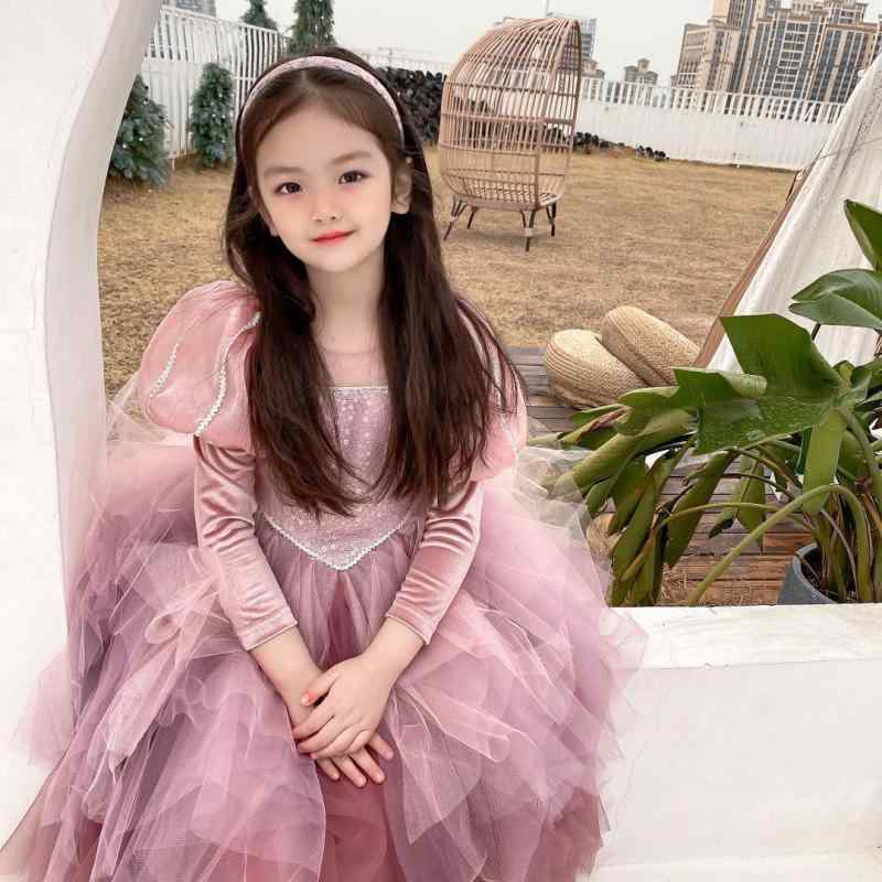 ワンピース 女の子 長袖 スパンコール 人魚 グラデーション プリンセスドレス かわいい ピンク フォーマルドレス ロング丈 パーティー 発表会 記念日