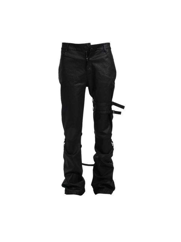 パンツ メンズ コーティングデニム フレアパンツ ブーツカット ストラップ 面ファスナー ドローストリング パンクテイスト 微ストレッチ 中低ウエスト ロング丈 ストリート カジュアル ブラック