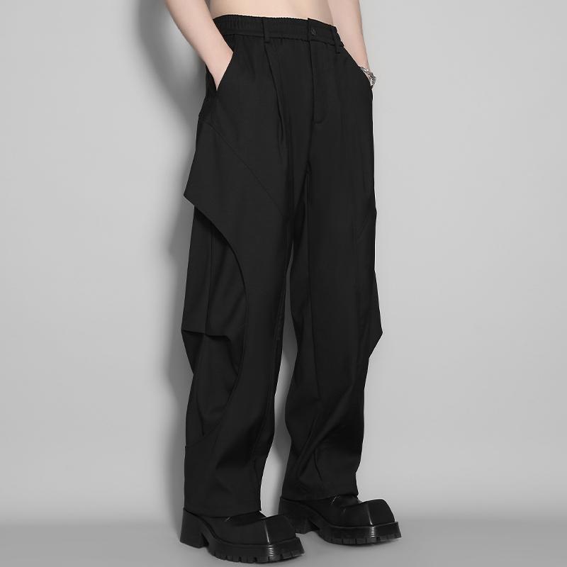 スラックス メンズ トレンド ダーク系 立体裁断 切り替え パラシュート ワイド ストレート ドレープ感 カジュアル ミラードカラー ポリエステル 秋｜フロントップ店