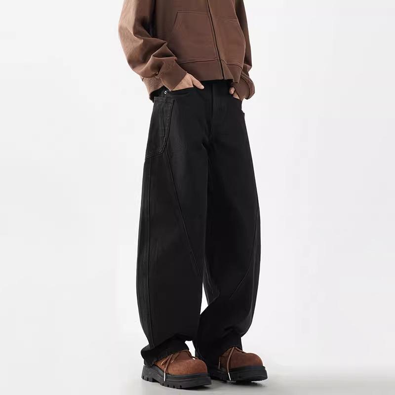 デニムパンツ メンズ 男性用 カーブ ストレート ワイド バギー ルーズ ゆったり 切り替え ウォッシュ加工 ドレープ感 ハイストリート アメリカンカジュアル ワークスタイル 綿 ポリエステル 混紡 通気性 普段使い ストリート カジュアル 黒 青|フロントップ店