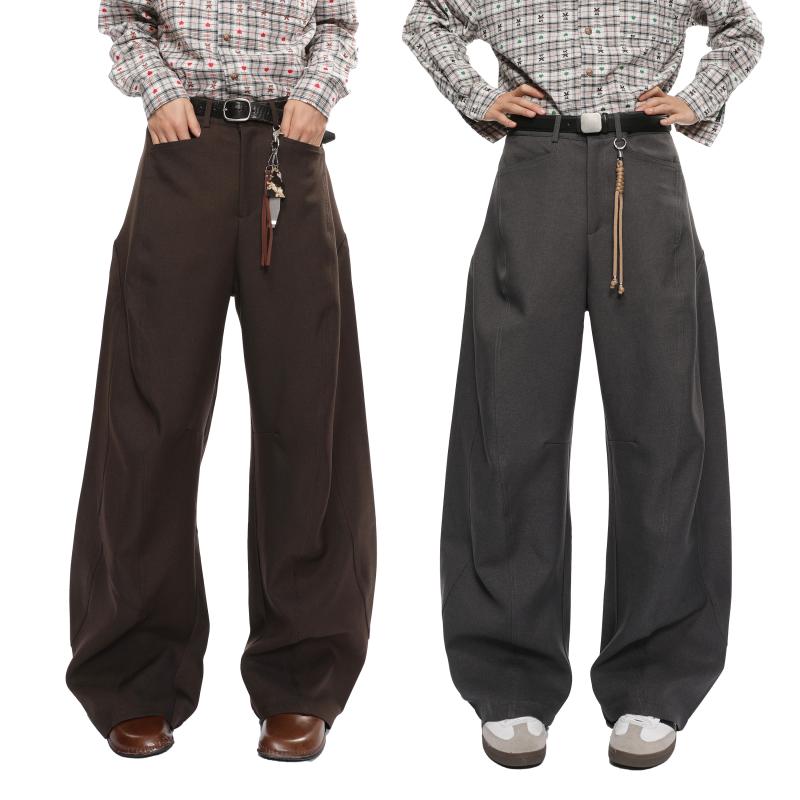 パンツ ユニセックス 秋冬 ゆったり ルーズシルエット 着痩せ ワイド カーブパンツ フルレングス 切り替え タック ミドルハイウエスト 抗菌 ノンストレッチ カジュアル スラックス 普段使い 黒 灰 茶 ブラック グレー ブラウン