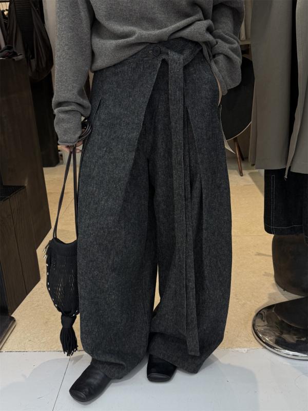 ワイドパンツ レディース ウール ウール 秋冬 アシンメトリー ウエストリボン ハイウエスト ゆったり ストレート ロング丈 カジュアル 普段使い 通気性
