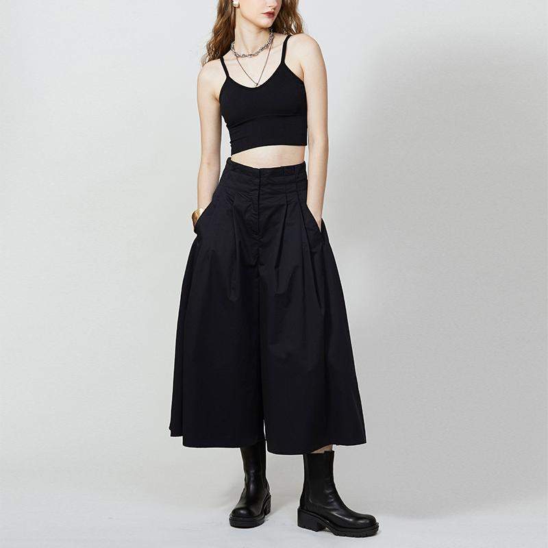 ワイドパンツ レディース 8分丈 スカート風 ハイウエスト 個性派 こだわり仕立て コットン ファスナー ストリート カジュアル きれいめ ブラック 夏