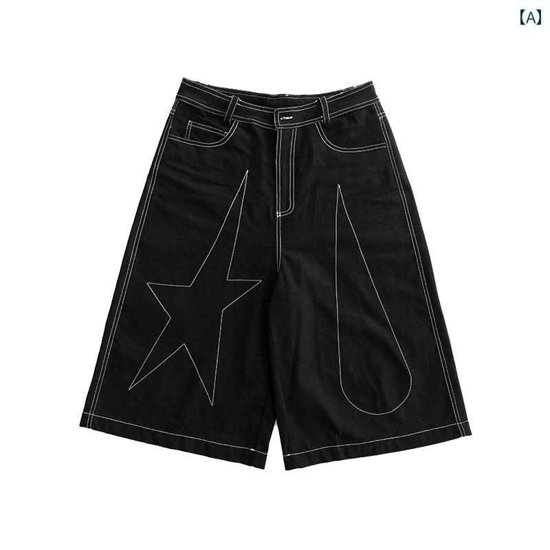 パンツ ユニセックス Aライン 七分丈 ワイドパンツ 配色ステッチ コットン ストリート カジュアル ゆったり 春夏 黒