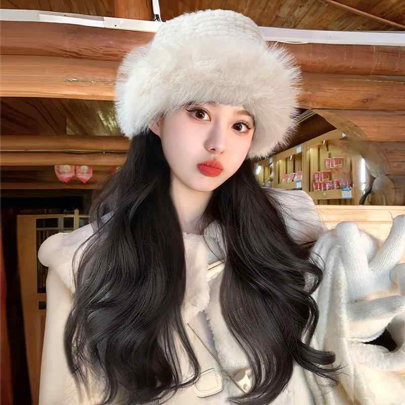 帽子一体型ウィッグ レディース 女性用 かわいい ロングカール フルウィッグ 自然な 耐熱ファイバー 快適 保温 防寒 お洒落 カジュアル 秋冬 ブラウン ブラック