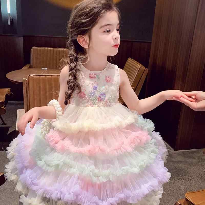 ワンピース 女の子 ガールズ キッズ ノースリーブ ベスト フレンチ おしゃれ チュール ふわふわ プリンセス ティアード ラウンドネック ハイウエスト 虹 春夏 普段使い お出かけ