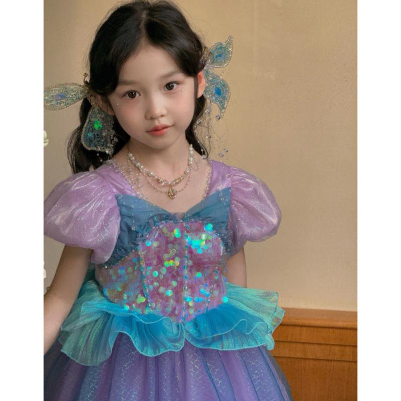 お召しもの 御嬢さん マーメード姫 お姫様 春夏 オーロラ色合い キラキラ スパンコール パフ衣袂 チュール 太陽面爆発スコート 生まれ落ちる日 告げ知らせる会 寄り合いお召しもの お召しもの ドレス-キッズ・ベビー・マタニティ