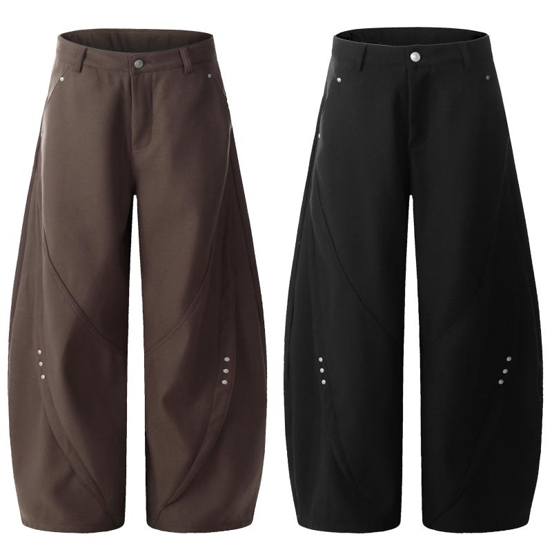 パンツ メンズ レディース ワイドパンツ ロング丈 ルーズフィット ストレート カーブ 切り替え リベット カジュアル スラックス ドレープ感 アイロン不要 無地 春秋 黒 茶｜フロントップ店