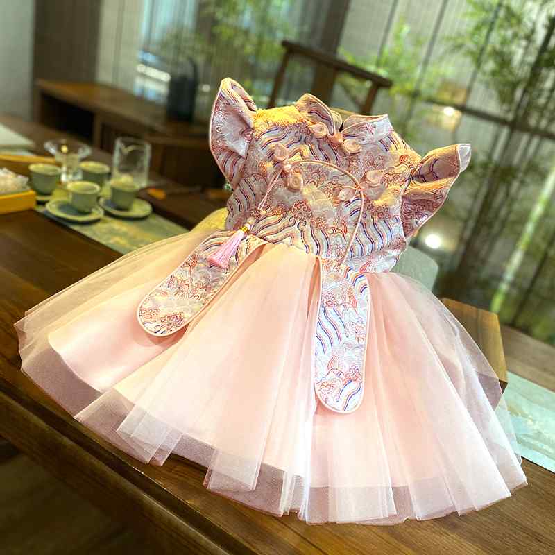 チャイナドレス ベビー 女の子 キッズ 子供用 初節句 誕生祝い 記念撮影 プリンセス風 漢服 唐装 民族衣装 ポリエステル素材 春夏 ピンク