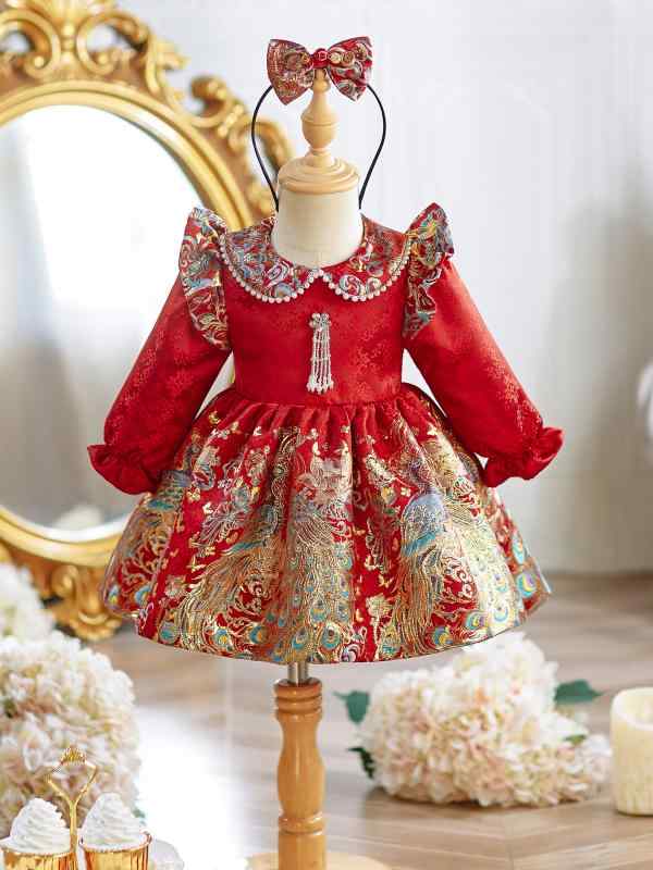 御召しもの もの言う花 御嬢さん 1歳 生まれ落ちる日 礼服 中華風 瀬戸もの御召しもの お姫様御召しもの 長袖 赤いこと 秋冬 フォーマル 祝い事 不死化映画化 鳳凰柄 雅びやか 二分の一誕生日 古典的 A伝達ルート