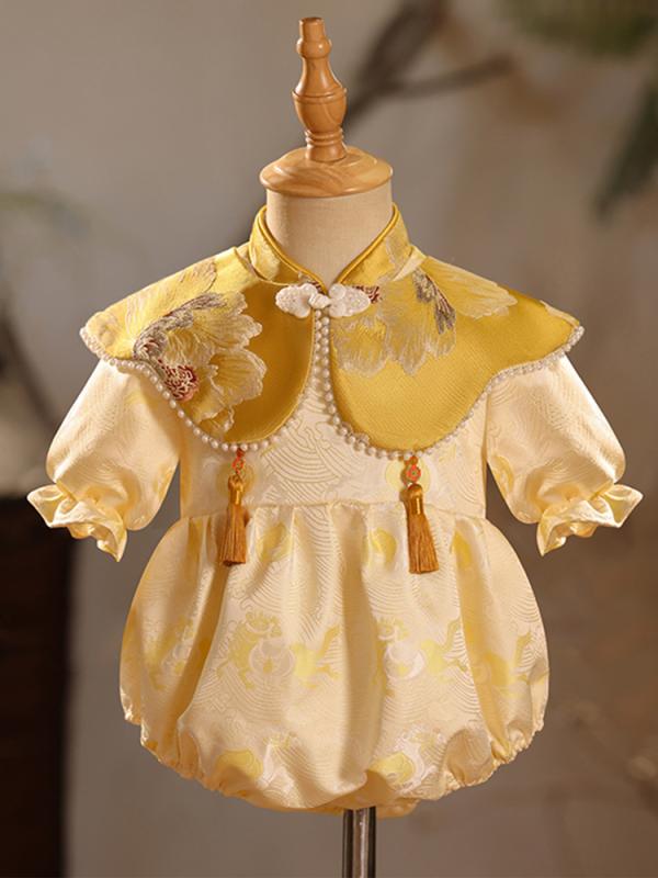 ロンパース 御嬢さん もの言う花 1歳 生まれ落ちる日 誕生日 選び取り 不死化日 礼服 中国風 瀬戸もの服  長袖 立ち襟 秋冬 御召しもの