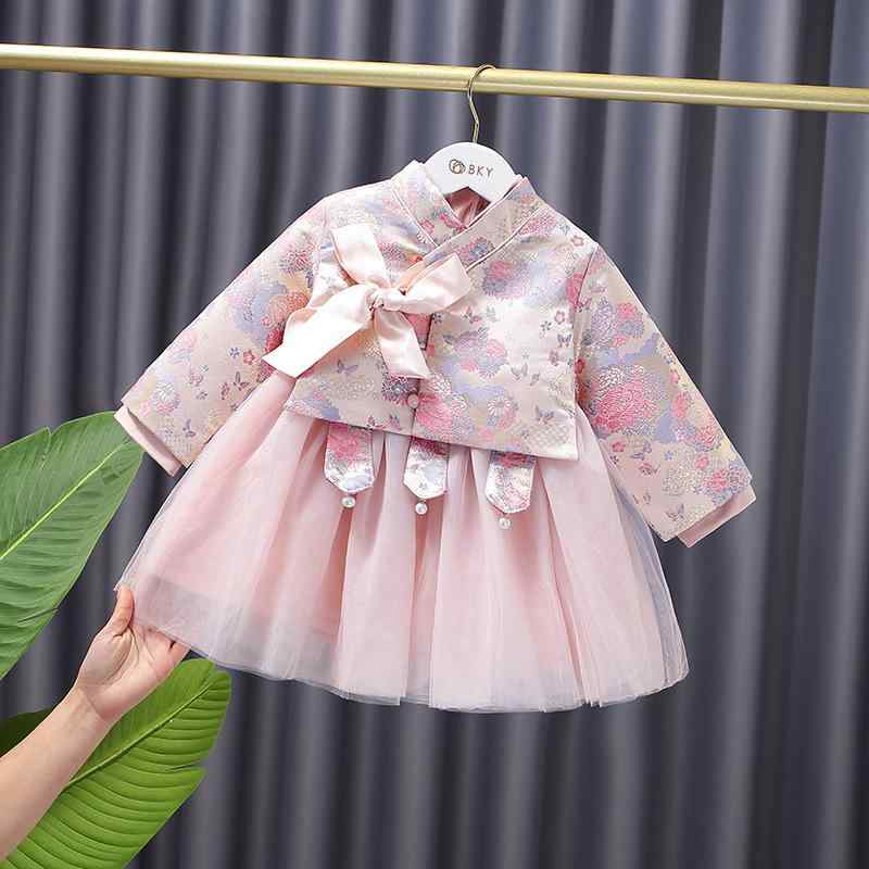 ワンピース 女の子 ベビー キッズ プリンセス 唐装 チャイナ服 お正月 お祝い 誕生日 1歳 秋冬 裏起毛 長袖 Aライン 綿混紡 小花柄