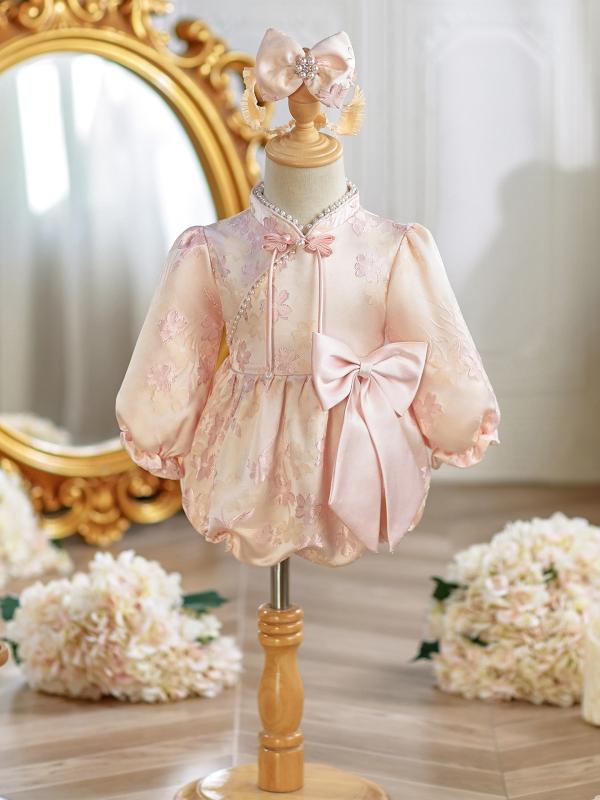 ロンパース もの言う花 御嬢さん みどり児 1歳 生まれ落ちる日 百日祝い事 選び取り 祝い事 お祝い御召しもの 中華風 唐装 瀬戸もの服 フォーマル 長袖 サクラ色 取りまかなう櫂