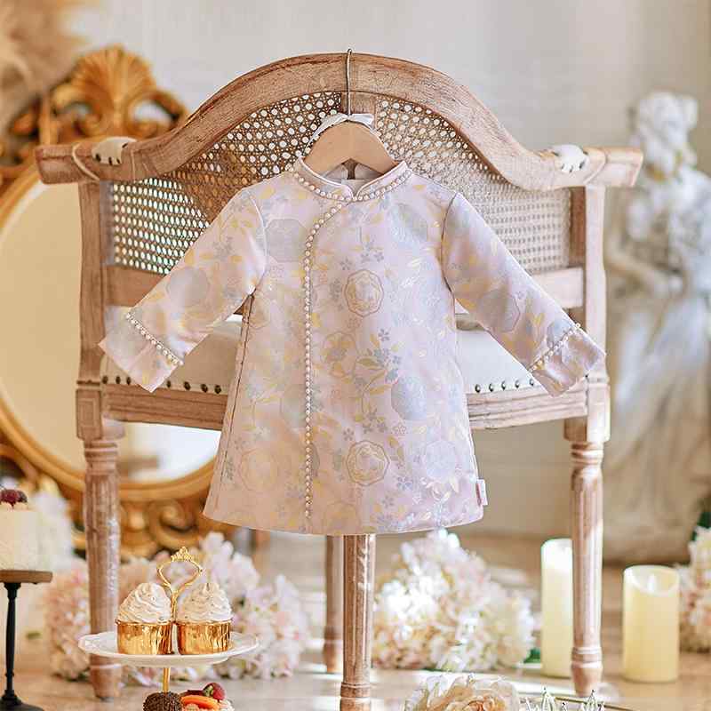 ドレス 女の子 ベビー キッズ 1歳 誕生日 記念日 抓周 セレモニー チャイナドレス 唐装 中国服 中華風 長袖 ロングスリーブ 秋冬 上品 フォーマル ワンピース シャンパン