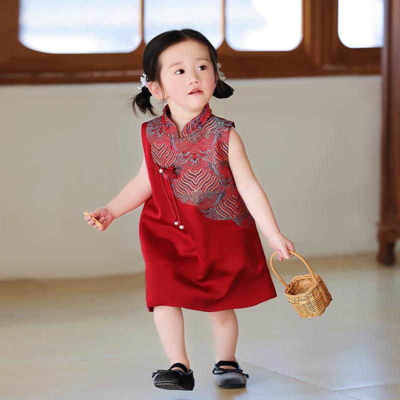 チャイナドレス ベビー 女の子 1歳の誕生日 初誕生祝い 春夏 赤 プリンセスドレス フォーマルウェア 通気性 ノースリーブ ミディ丈 柔らかな ポリエステル かわいい