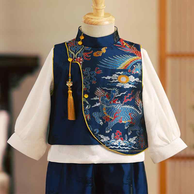 ベビー服 男の子 1歳 誕生日 礼服 唐装 セットアップ 中国風 中国風 辰年 龍 麒麟モチーフ 織錦 ポリエステル 綿裏地 薄手 秋 フォーマル セレモニー|フロントップ店