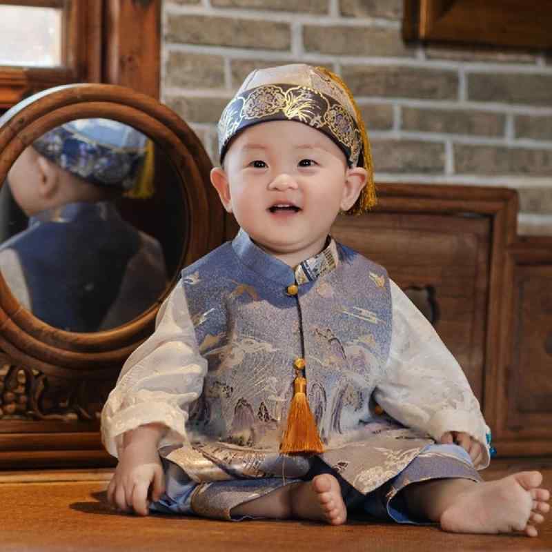 ベビー服 男の子 1歳誕生日 祝い着 記念撮影 フォーマル 生後1ヶ月 100日祝い お宮参り 選び取り お食い初め 中国風 チャイナ服 冠 衣装 セットアップ アンサンブル ブルー 青 コットン裏地 オールシーズン|フロントップ店