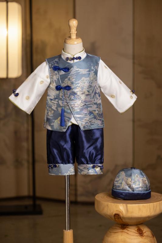 ベビーフォーマル 男の子 1歳 誕生日 選び取り イベント 唐装 漢服 衣装 お祝い着 セレモニードレス ブルー 綿裏地 記念写真|フロントップ店