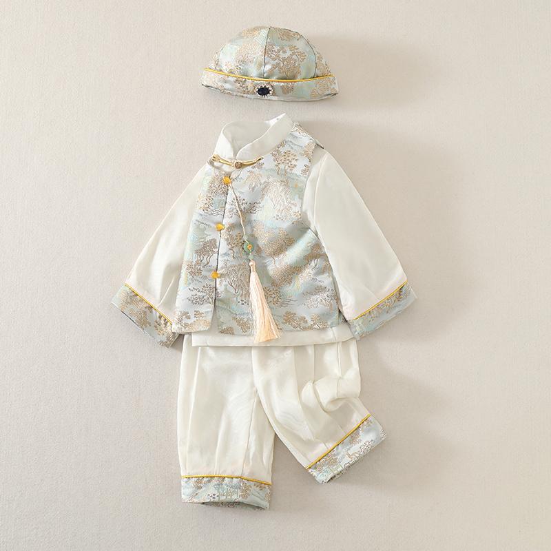 ベビー服 お坊っちゃん 1歳 生まれ落ちる日 礼服 中国風 唐装 日月 100日祝い事 お宮参り お祝い フォーマルウェア 上下書き割り 御召しもの 不死化映画化 告げ知らせる会 でき事 祝い事 雅びやか 愛くるしげ キッズウェア 男女兼用