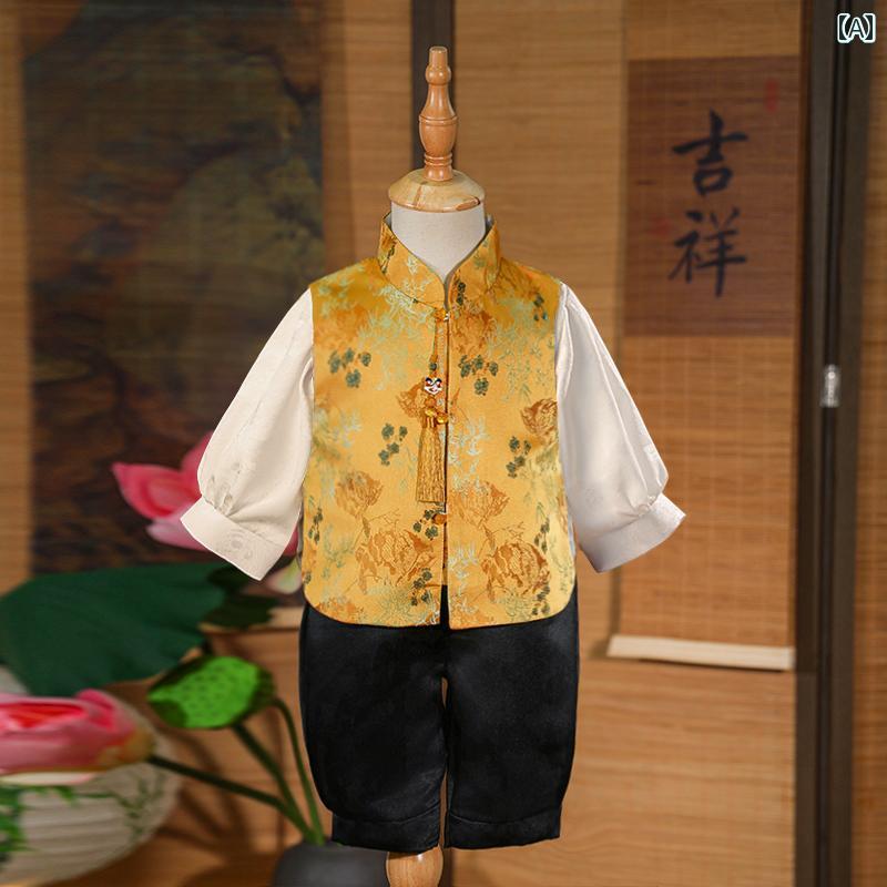 ベビー服 お坊っちゃん 1歳生まれ落ちる日 誕生日 中華風フォーマル礼服 半袖 祝い事着 お宮参り 初節句 ポリエステル 草木花柄 黄 春夏 不死化映画化 小わっぱ服