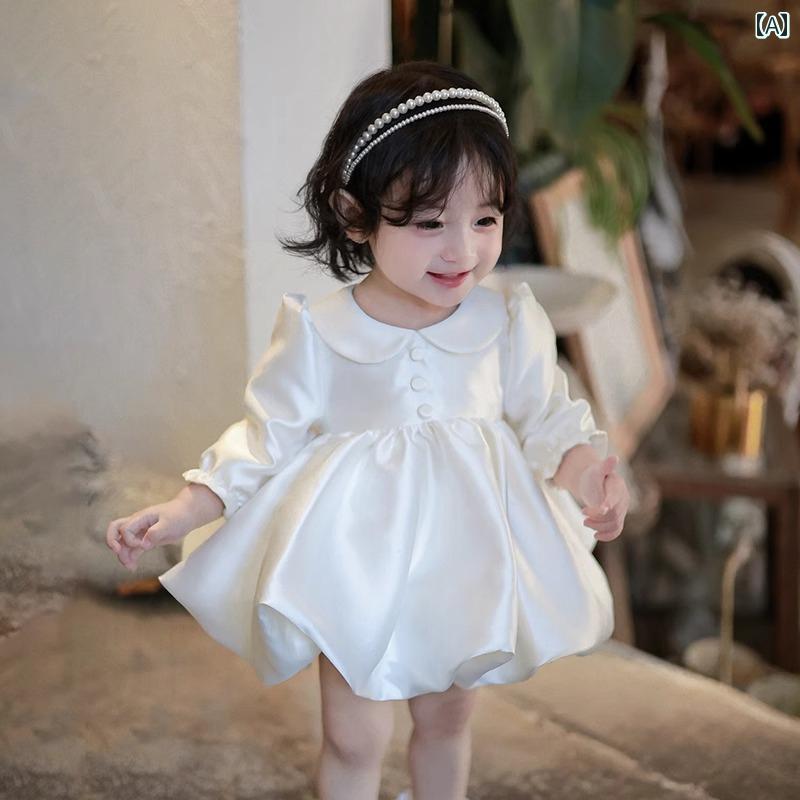 ワンピース 女の子 ベビー キッズ 幼児 プリンセスドレス 長袖 チュールスカート 誕生日 1歳 選び取り お祝い セレモニー 結婚式 フラワーガール 発表会 パーティ 礼服 フォーマル 高腰 ラウンドネック 春秋冬 ホワイト ポリエステル混紡