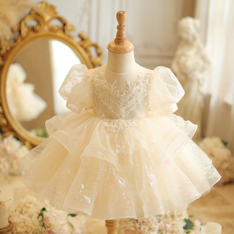 ワンピース 女の子 ベビー キッズ プリンセスドレス 姫ドレス 1歳 誕生日 百日祝い 記念日 発表会 お呼ばれ ケーキドレス フリル チュール ふわふわ かわいい おしゃれ 華やか シャンパン ポリエステル 春夏