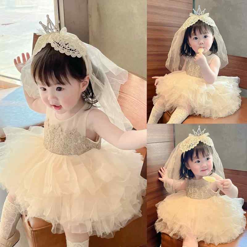 ドレス ベビー 女の子 1歳 誕生日 セレモニー プリンセス チュールスカート ふんわり ノースリーブ キャミソール ミモレ丈 ラウンドネック おしゃれ やわらか 通気性 綿裏地 春夏 シャンパン