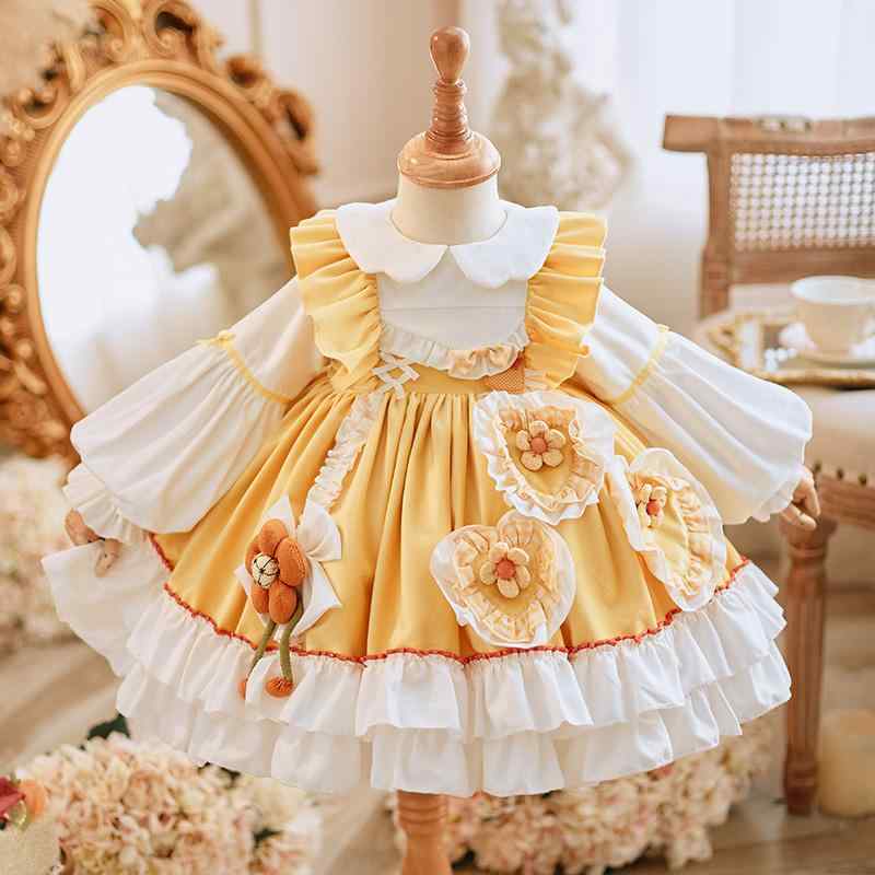 プリンセスドレス 女の子 ベビー キッズ 子供服 ロリータ 欧米風 スウィート かわいい イエロー 誕生日 バースデー 発表会 結婚式 パーティー イベント セレモニー フォーマルドレス 衣装 ポリエステル チュール ボリュームスカート ふんわり 長袖