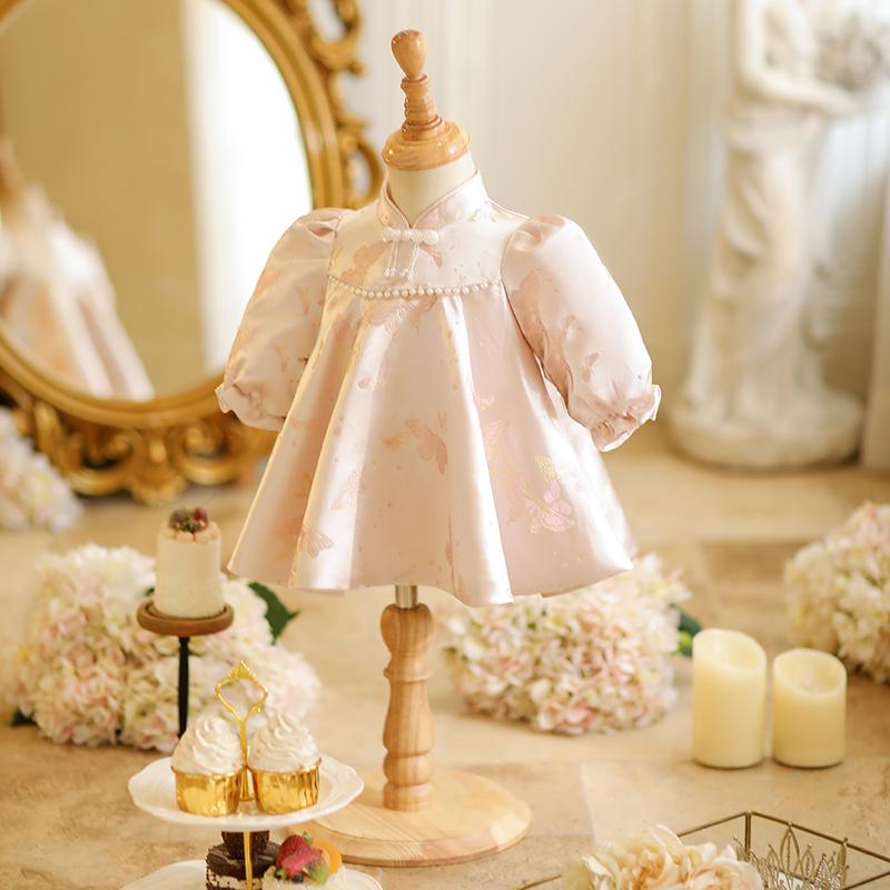 ワンピース ベビー 女の子 幼児 キッズ プリンセス チャイナドレス 長袖 無地 ピンク 1歳 誕生日 選び取り セレモニー 衣装 記念日 お祝い 普段使い フォーマル パーティー