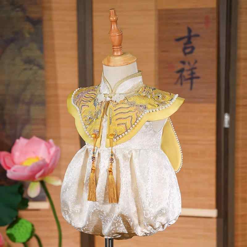 ベビー服 女の子 ロンパース カバーオール チャイナドレス チャイナ風 1歳 誕生日 記念日 伝統行事 記念撮影 フォーマル 薄手 ゴールド 春夏