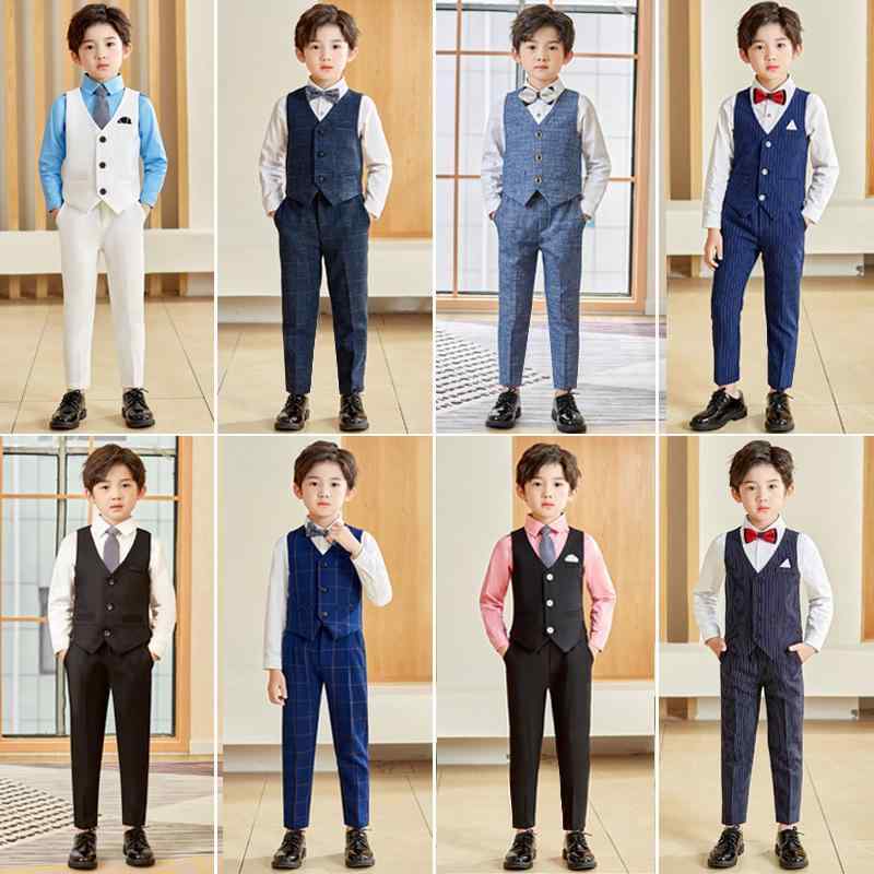 ベストスーツ 男の子 キッズ フォーマル 誕生日 発表会 演奏会 司会 結婚式 卒業式 入学式 七五三 ベスト パンツ 蝶ネクタイ シャツ セットアップ ポリエステル 綿 混紡 韓国 黒 紺 グレー