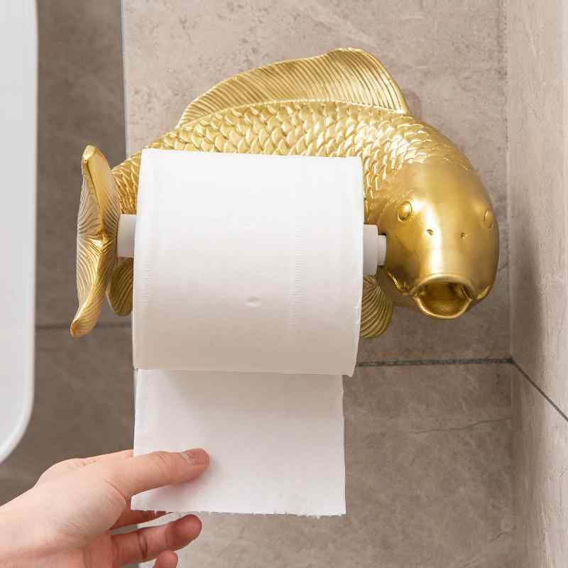 トイレットペーパーホルダー 壁掛け かわいい おしゃれ 個性的 家庭用 バスルーム キッチン 鯉 アニマル ヨーロピアン カントリー調 合成樹脂 ゴールド