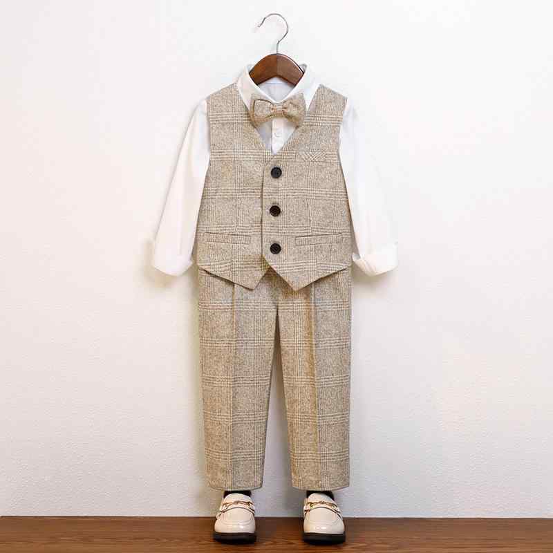 スーツ 男の子 ジュニア キッズ 秋冬 裏起毛 フリース 暖かい 防寒 英国風 チェック柄 グレー カーキ フォーマル セットアップ 礼服 結婚式 発表会 卒園式 入学式 卒業式 七五三 舞台衣装 司会 フラワーボーイ