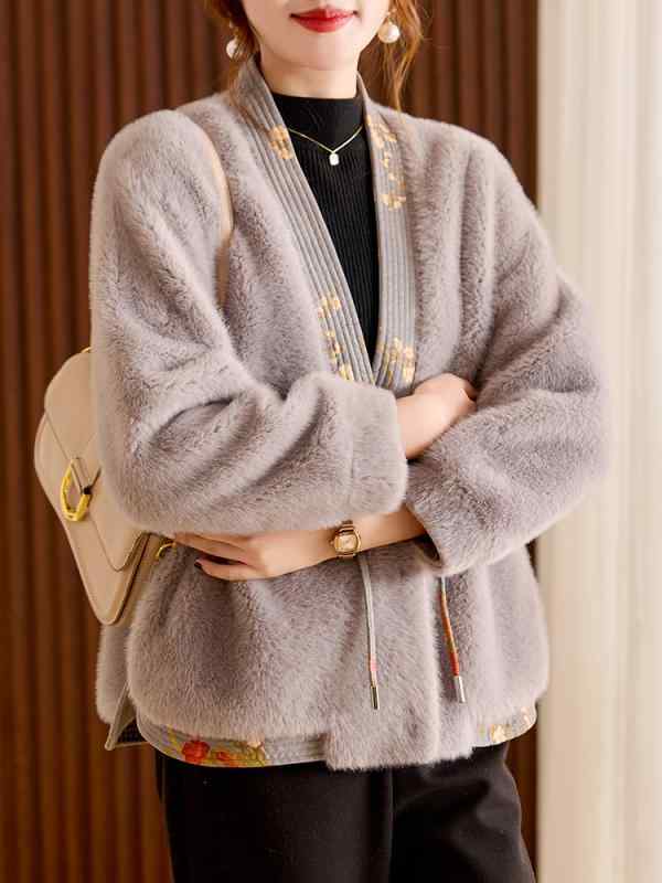 厚地の外套 アウター レディース 亭主持ち お上さん用 遊撃手丈 秋冬  瀬戸もの表現スタイル Vのど首 ゆったり 一粒名取り草 フェイクムートン フェイクファー ミンクのコート調 裏ボア 普段使い走り お出かけ