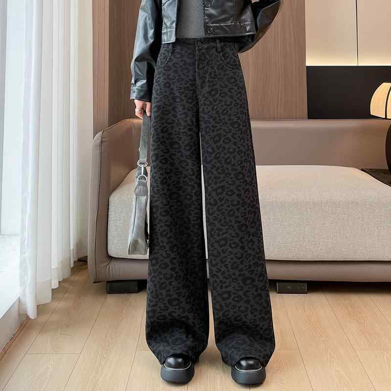 パンツ レディース 裏起毛 ウール混 ワイドパンツ ヒョウ柄 ハイウエスト ロング丈 カジュアル 普段使い ゆったり 通勤 ポケット ジッパー 秋冬 シワ防止 形状保持 低身長向け レギュラー丈 トールサイズ ブラウン グレー