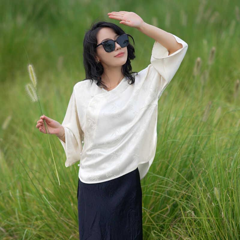 トップス レディース 中華風 ネオチャイニーズスタイル ジャガード織り サテン アセテート 光沢感 ゆったり ルーズフィット チュニック ブラウス 普段使い エレガント 秋冬 杏 黒