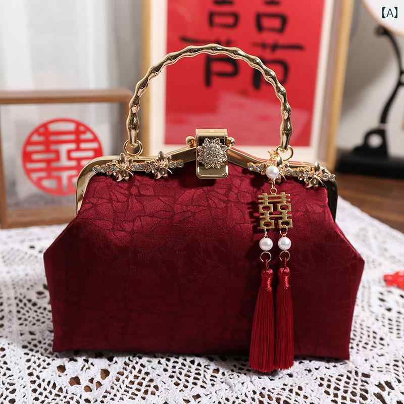 鞄 レディース 女性用 口金 チャイナドレス 上品 結婚式 パーティー 新婦 義母 手提げ 肩掛け 斜め掛け パーティー用 ワインレッド ボルドー シングルストラップ