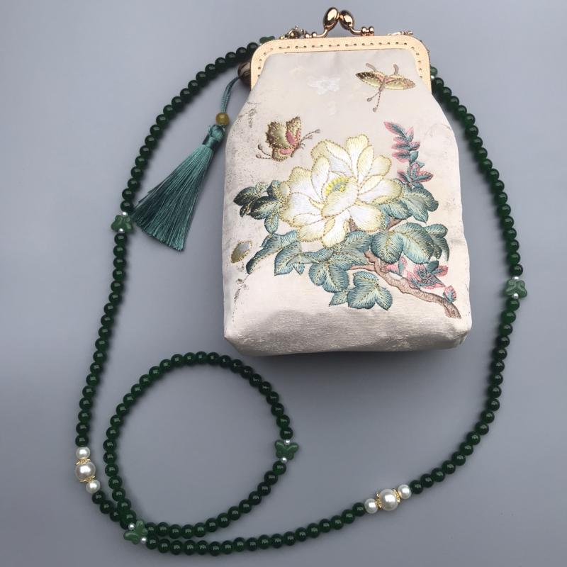 バッグ レディース 蘇州刺繍 新チャイナ風 レトロ クラッチ ハンドバッグ ショルダーバッグ 斜め掛け ミニ スマホポーチ スマートフォンケース 縦型 ポリエステル ナイロン 春 ダークグリーン