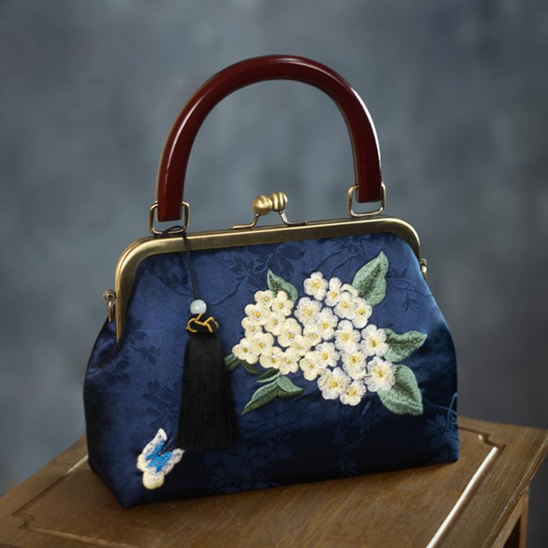 バッグ レディース 刺・墸 木製ハンドル ハンドバッグ ショルダーバッグ レトロ チャイナドレススタイル 普段使い カジュアル 植物花柄 タッセル ソフト 鞄 ブラック エメラルドグリーン シャンパンゴールド