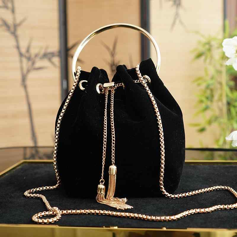 バッグ メンズ レディース 中国風 国風 チャイナドレス 和装 ベルベット バケットバッグ 黒 金 チェーン タッセル 斜め掛け 手提げ ショルダーバッグ 鞄 ソフト デイリー 合わせやすい｜フロントップ店