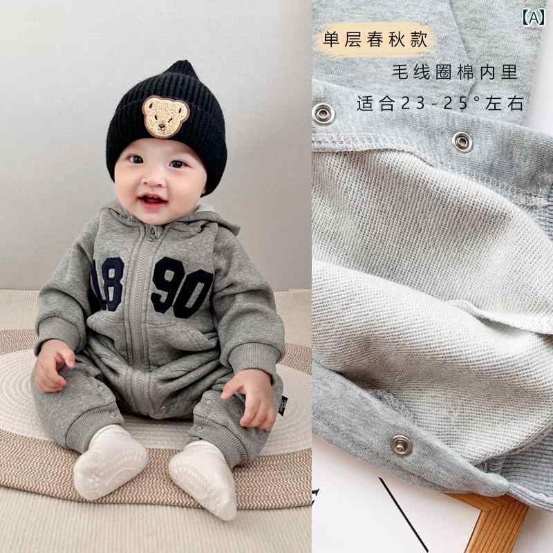 ロンパース 男の子 ベビー 韓国 春夏 お出かけ フード付き 長袖 ジップアップ カバーオール かわいい おしゃれ 保温 綿 ポリウレタン グレー ブルーグレー