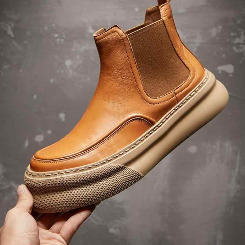 ショートブーツ メンズ 男性用 チェルシーブーツ 馬革 ホースレザー 本革 牛革 ミドルカット シークレットブーツ 厚底 ラウンドトゥ 保温 裏起毛 フリース裏地 オイルワックスレザー カジュアル アウトドア 秋冬 アプリコット ブラック ブラウン