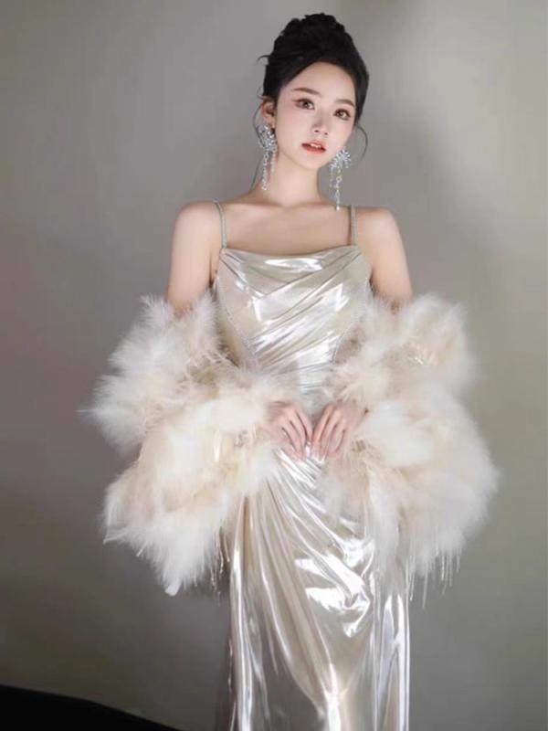 ショール レディース 花嫁 婚約 イブニングドレス 披露宴ドレス 二次会ドレス ケープ ウェディング フェザー エレガント 華やか シャンパン ピンク