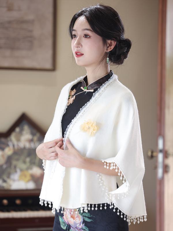ショール レディース ミセス ニット 羽織り ポンチョ ケープ チャイナドレス 礼服 フォーマル 上品 エレガント 保温 防寒 秋冬 白 ワインレッド