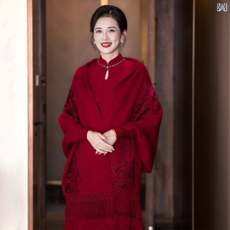 ショール レディース 結婚式 披露宴 母親 フォーマルドレス パーティードレス チャイナドレス 羽織り ケープ ポンチョ ブライダル 上品 エレガント フリンジ 保温 防寒 秋冬 ワインレッド パープル｜フロントップ店