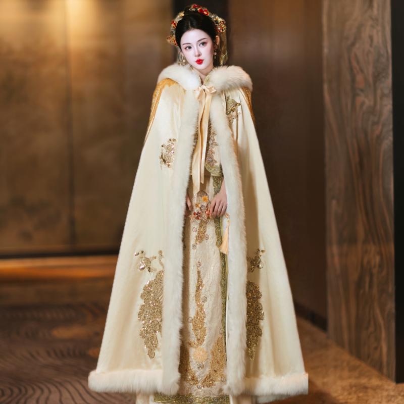 ショール ケープ レディース 結婚式 花嫁 漢服 秀禾服 ブライダル 厚手 ファー襟 保温 防寒 ゴールド シャンパン レッド 冬 秋冬|フロントップ店