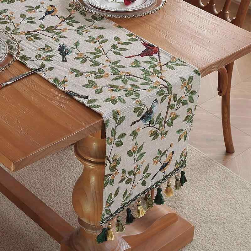 テーブルランナー 赤 青 緑 ランチョンマット レトロ 長方形 和モダン 植物花柄 ダイニングテーブル コーヒーテーブル テレビボード ベッドスロー 混紡 タッセル｜フロントップ店