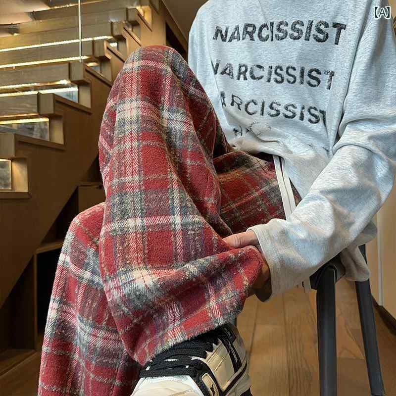 パンツ メンズ ツイード チェック柄 ルーズフィット ストレート カジュアル ロング丈 春秋 ミドルウエスト 伸縮性 ウール混 アメリカンスタイル ストリート レッド ネイビー